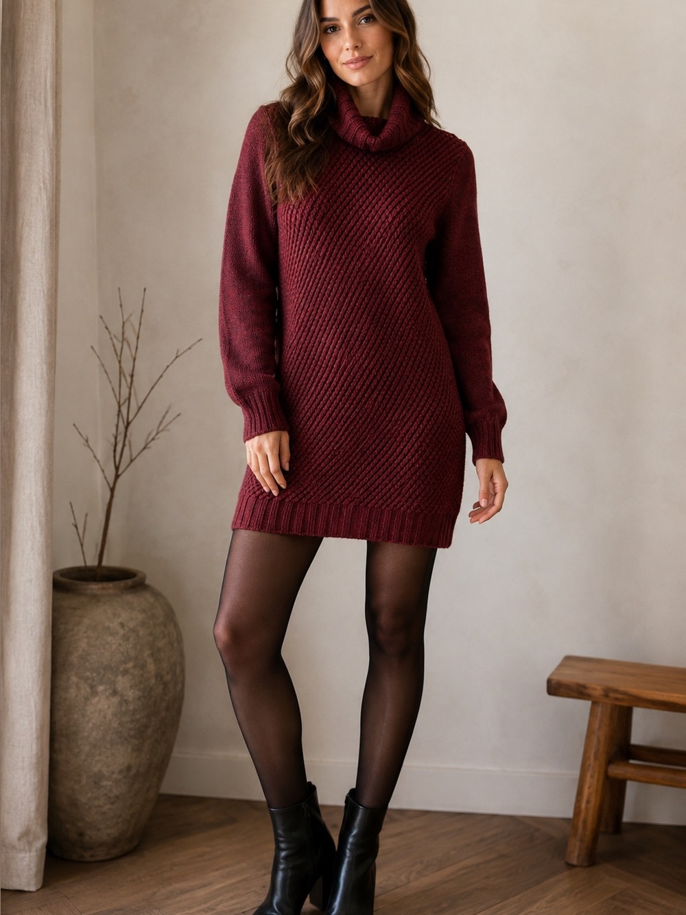 Massimo Dutti Burgundy Alpaca Wool Turtleneck Sweater Mini Dress Women’s XL Cozy